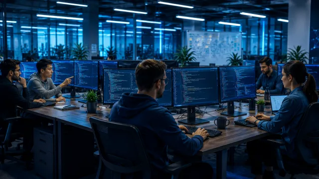 Development team collaborating on a web platform