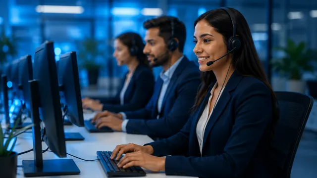 Technical support specialists at their workstations