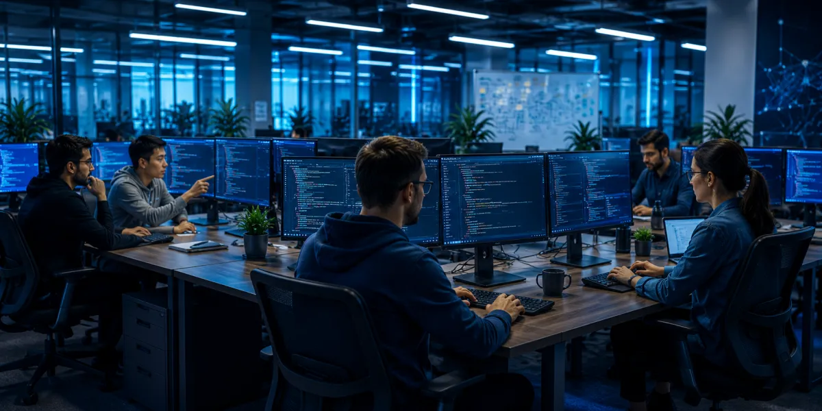 Development team collaborating on a web platform